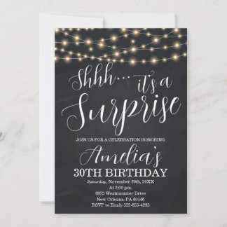 Schwarz und String Light Überraschung Geburtstag Einladung