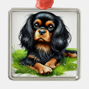 SCHWARZ UND TAN CAVALIER KING CHARLES SPANIEL HUND ORNAMENT AUS METALL