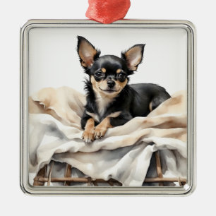 SCHWARZ UND TAN CHIHUAHUA PUPPY HUND ORNAMENT AUS METALL