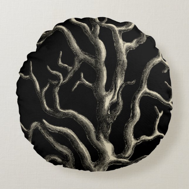 Schwarz und Tan Coral Rundes Kissen (Vorderseite)