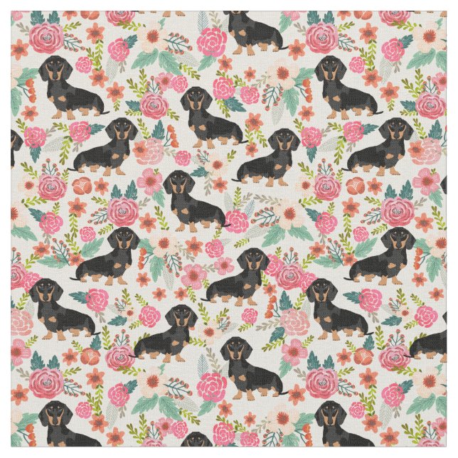 Schwarz und Tan Dackel Hunde Vintage Blumencreme Stoff (Nahaufnahme)