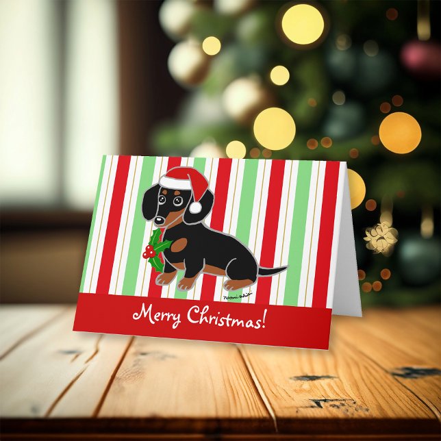 Schwarz und Tan Dackel Weihnachten (Black and Tan Smooth Haired Dachshund Santa Christmas Cards for Dachshund Owners.  Cartoon Design.)