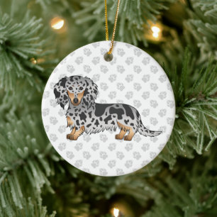 Schwarz und Tan Dapple Langhaar-Dachshund & Text Keramik Ornament
