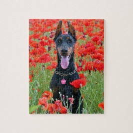 Schwarz und Tan Doberman Pinscher in Roten Blume Puzzle