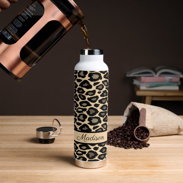 Schwarz und Tan Leopard Print Personalisiert Trinkflasche (Kaffee)