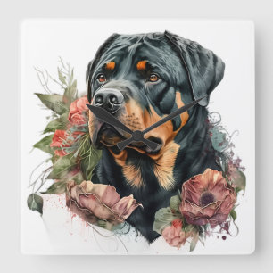 SCHWARZ- UND TAN-ROTTWEILER-HUND MIT BLUME QUADRATISCHE WANDUHR