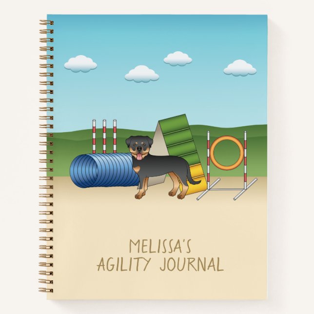 Schwarz und Tan Rottweiler mit Agility Notizbuch (Vorderseite)