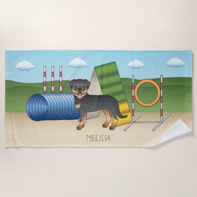 Schwarz und Tan Rottweiler mit Agility Strandtuch (Vorderseite)