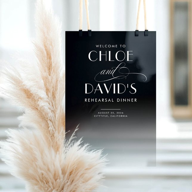 Schwarz und Transparente Probe - Empfang Acrylschild (Black and Transparent Modern Minimalist Acrylic Rehearsal Dinner Welcome Sign)