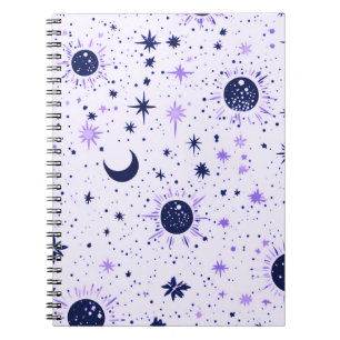 Schwarz und violett Himmels-Sonne-Mond-Sterne Notizblock