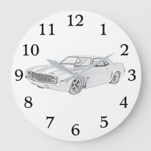 Schwarz und Weiß 1969 Chevy Camaro Rendering Große Wanduhr