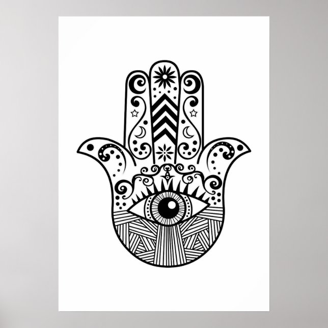 Schwarz und Weiß Boho Hamsa Handkunst Poster (Vorne)