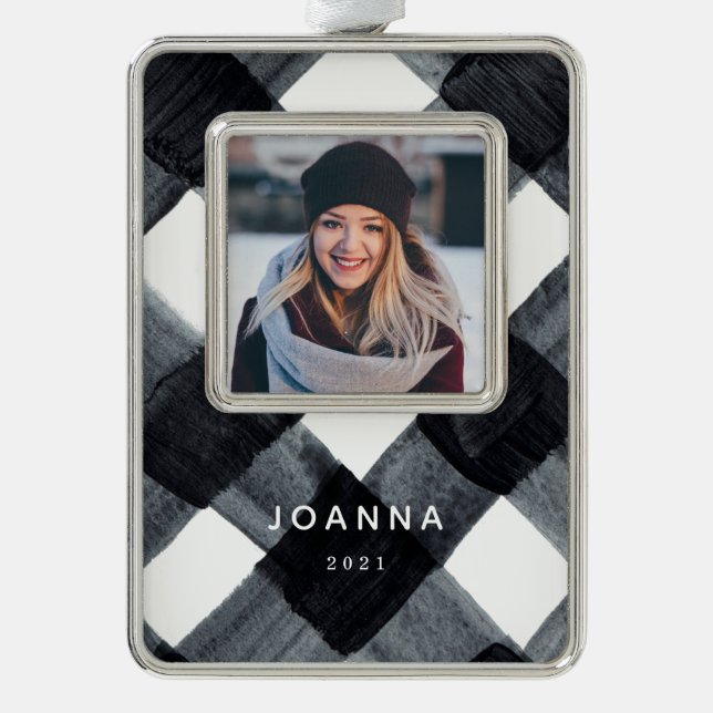 Schwarz und Weiß Buffalo Kariert und Foto Ch Rahmen-Ornament Silber (Vorderseite)