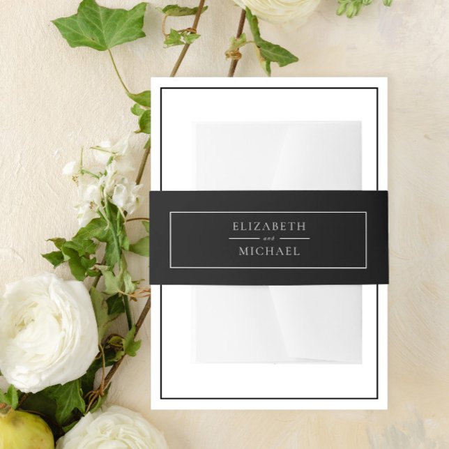 Schwarz und Weiß Einfache Elegante Minimalistische Einladungsbanderole (Add a touch of elegance to your invitation set with this formal black and white belly band)