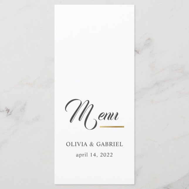 Schwarz und Weiß. Einfaches elegantes Hochzeitsess Menükarte (Vorderseite)