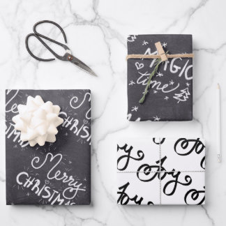 Schwarz und Weiß Elegante Script Frohe Weihnachten Geschenkpapier Set