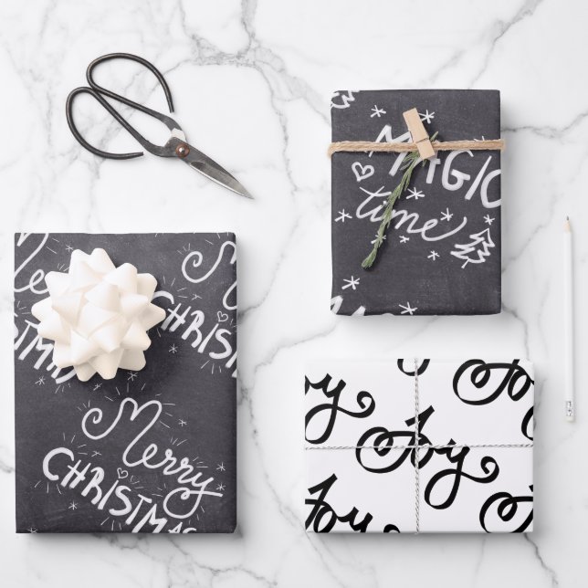 Schwarz und Weiß Elegante Script Frohe Weihnachten Geschenkpapier Set (Vorderseite)
