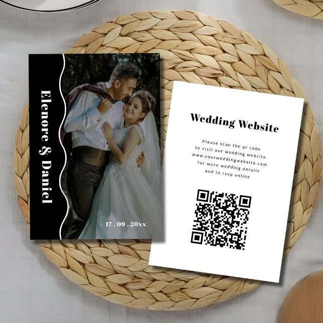 Schwarz und Weiß | Foto Wedding Side Wave QR-Code Begleitkarte (Black and White | Photo Wedding Side Wave QR code Enclosure Card)