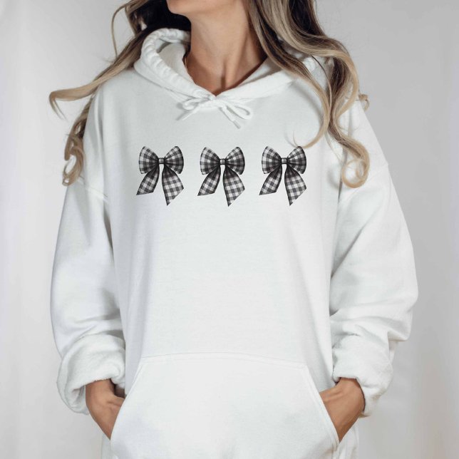 Schwarz und Weiß Gingham Checked Bows Hoodie (Black and White Gingham Bow Hoodie)