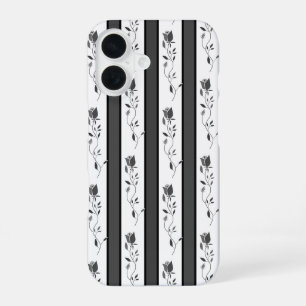 Schwarz und weiß grau vintage gestreift mit Rosen  iPhone 16 Hülle