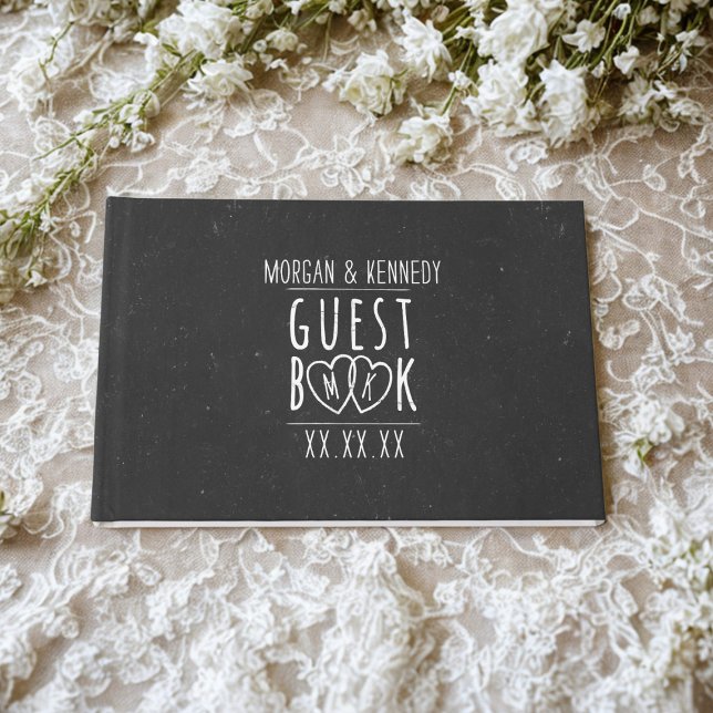 Schwarz und Weiß informelles rustikales Gästebuch (An informal chalkboard wedding guest book with space for your name, initials and wedding date)