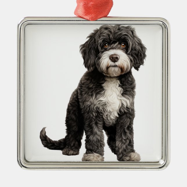 SCHWARZ UND WEISS KURZ PORTUGALS WASSERHUND ORNAMENT AUS METALL (Vorne)
