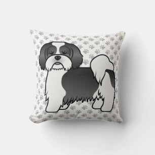 Schwarz und Weiß Lhasa Apso Cartoon Dog & Paws Kissen