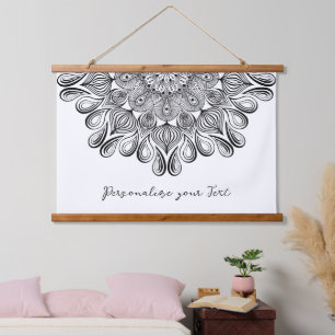 Schwarz und Weiß Mandala Trippy Psychedelic Hippie Wandteppich Mit Holzrahmen