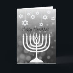 Schwarz und Weiß Menorah Happy Hanukkah Karte<br><div class="desc">Schwarz-Weiß Sterne von David und Happy Hanukkah menorah personalisierte Karte.</div>