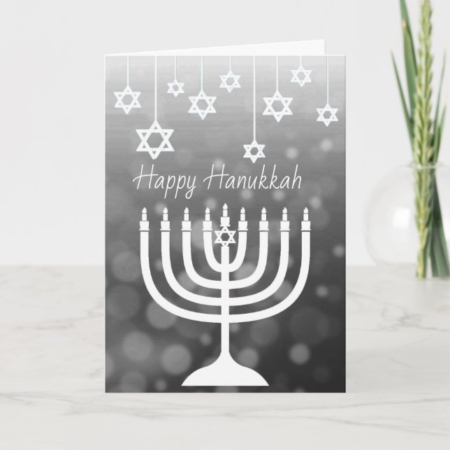 Schwarz und Weiß Menorah Happy Hanukkah Karte (Vorderseite)