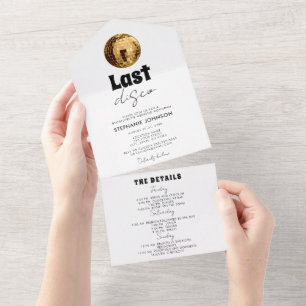 Schwarz und Weiß mit Gold Last Disco Junggesellinn All In One Einladung
