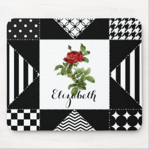 Schwarz und Weiß mit Rote Rose und Namen Mousepad