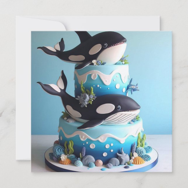 SCHWARZ UND WEISS ORCA WALE CAKE BIRTHDAY EINLADUNG (Vorderseite)