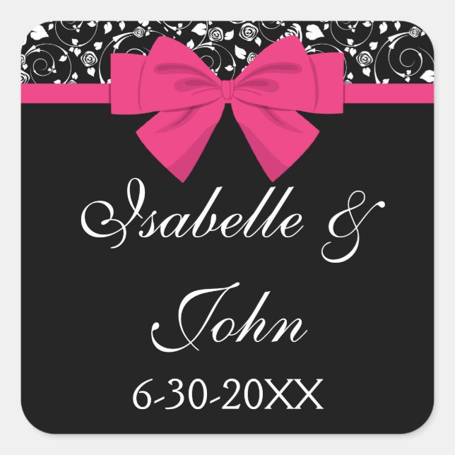 Schwarz und Weiß Rosen Rosa rosa Bow Quadratischer Aufkleber (Vorderseite)