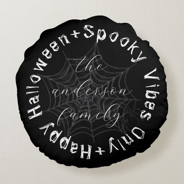 Schwarz und Weiß Spooky Spider Web Happy Halloween Rundes Kissen (Rückseite)