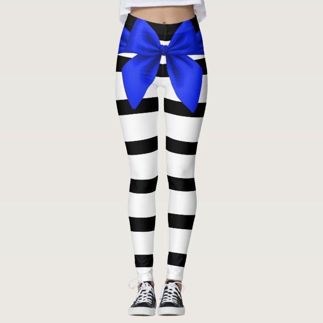 Schwarz und Weiß Streifen Blauer Bogen Leggings (Vorderseite)