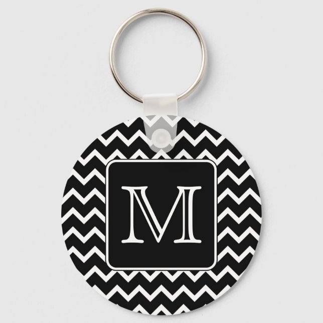 Schwarz und Weiß Zickzack mit Custom Monogram. Schlüsselanhänger (Vorderseite)