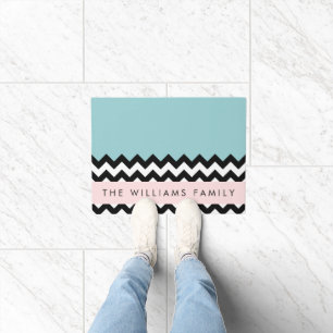 Schwarz und Weiß Zigzag, Zickzack, Blau, Ihr Name Fußmatte