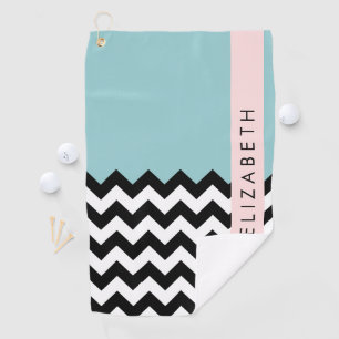 Schwarz und Weiß Zigzag, Zickzack, Blau, Ihr Name Golfhandtuch