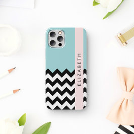 Schwarz und Weiß Zigzag, Zickzack, Blau, Ihr Name iPhone 16 Hülle