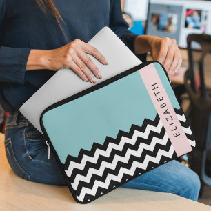 Schwarz und Weiß Zigzag, Zickzack, Blau, Ihr Name Laptopschutzhülle