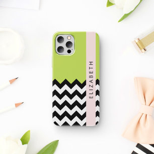 Schwarz und Weiß Zigzag, Zickzack, Grün, Ihr Name iPhone 16 Hülle