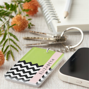 Schwarz und Weiß Zigzag, Zickzack, Grün, Ihr Name Schlüsselanhänger