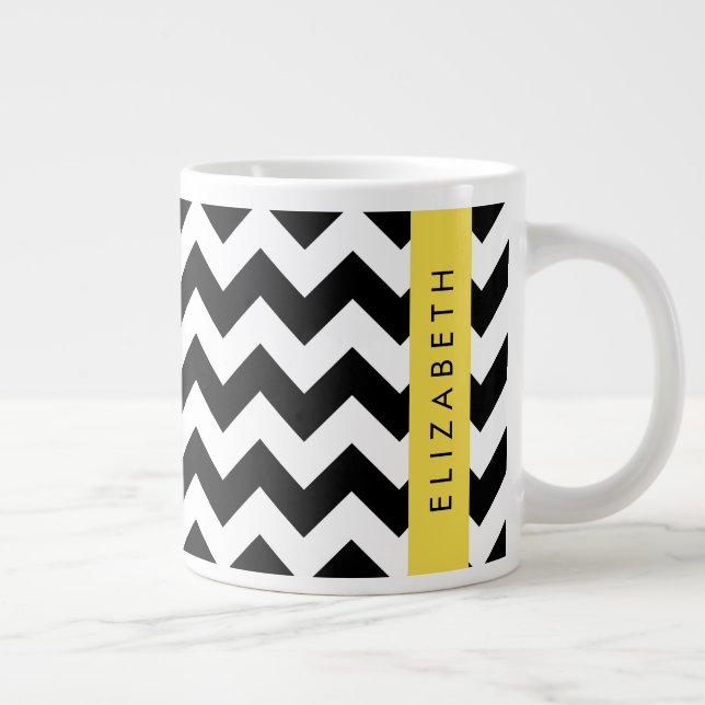 Schwarz und Weiß Zigzag, Zickzack Muster, Ihr Name Jumbo-Tasse (Rechts)