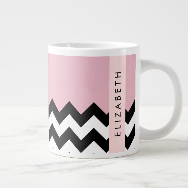 Schwarz und Weiß Zigzag, Zickzack, Rosa, Ihr Name Jumbo-Tasse (Rechts)