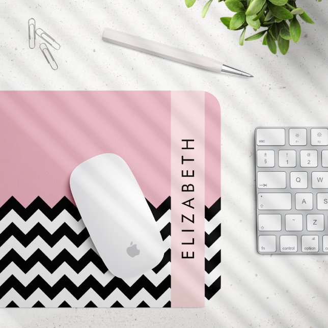 Schwarz und Weiß Zigzag, Zickzack, Rosa, Ihr Name Mousepad (Von Creator hochgeladen)