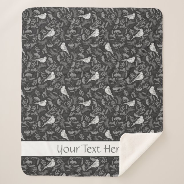 Schwarz und Winter Weiße Vögel Blumenmuster Sherpadecke (Vorderseite)
