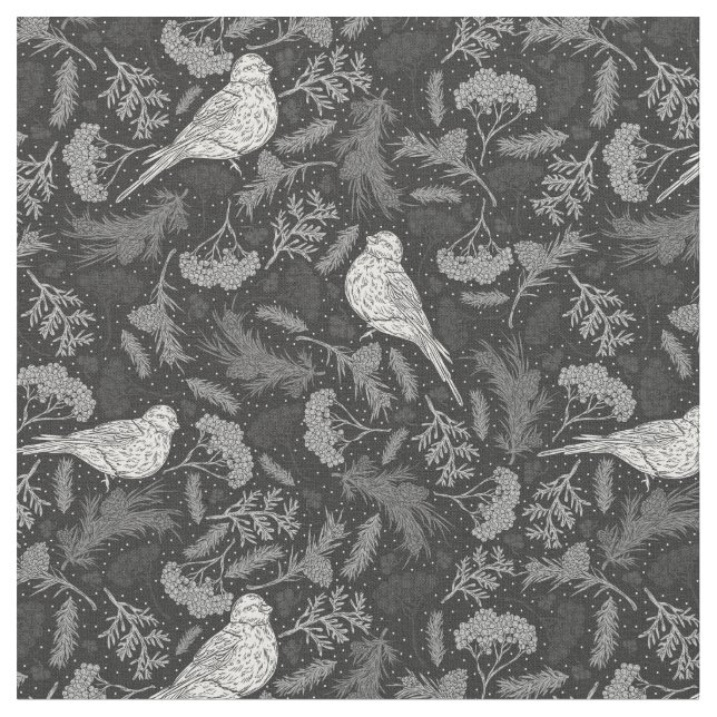 Schwarz und Winter Weiße Vögel Blumenmuster Stoff (Nahaufnahme)