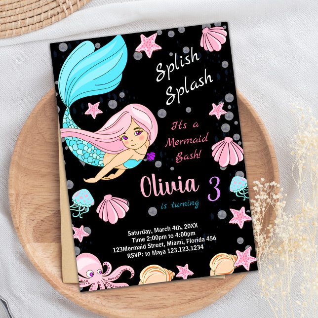 Schwarz unter dem Meer Meerjungfrau Geburtstag Ein Einladung (Black Under the sea Mermaid Birthday Invitations)