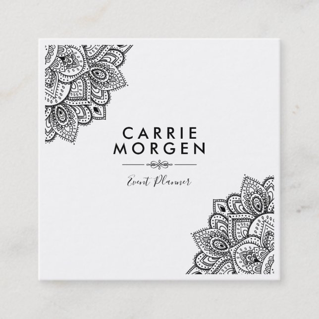 Schwarz-Verziert-Tribal-Eckrahmen Quadratische Visitenkarte (Vorderseite)